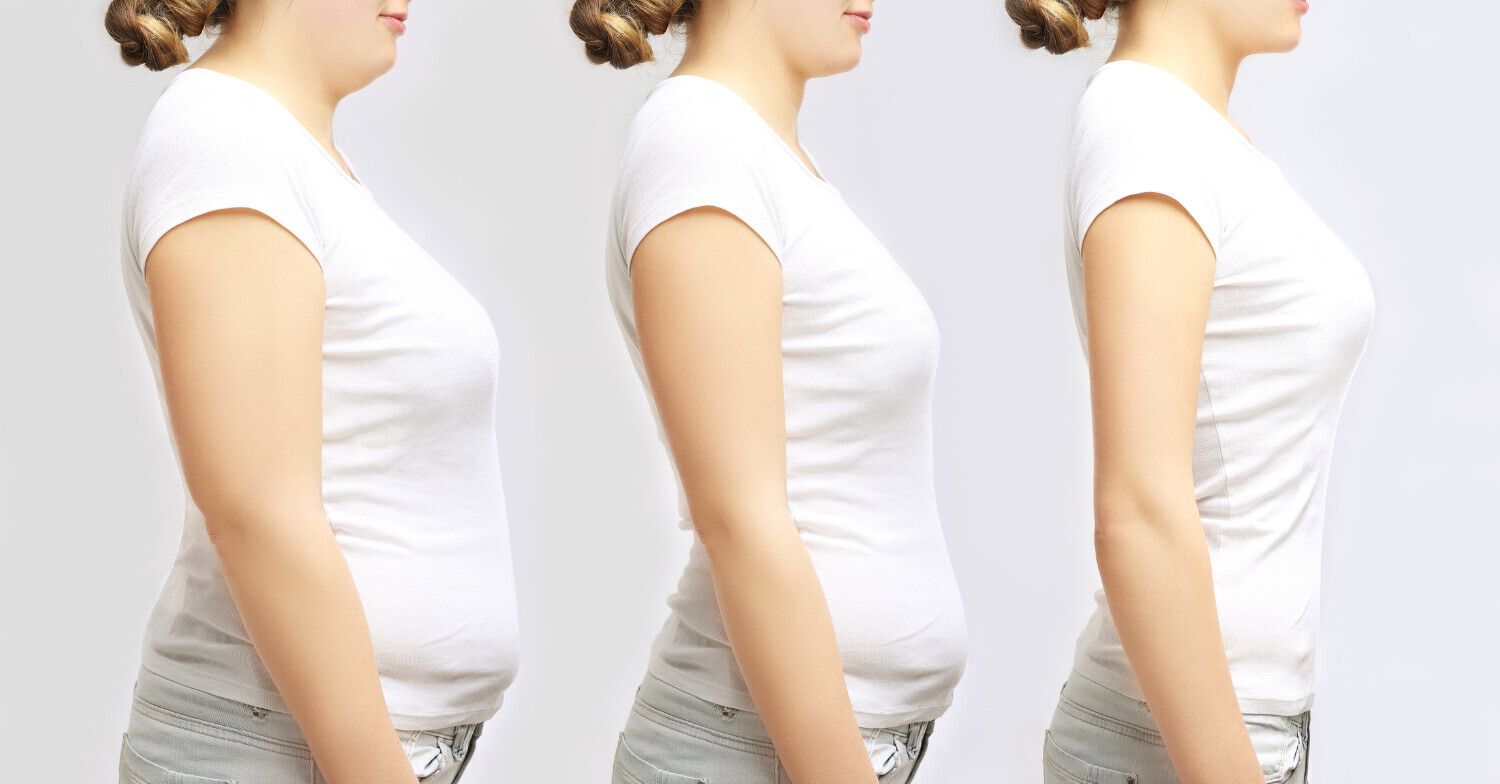 A woman at various stages of weight loss
